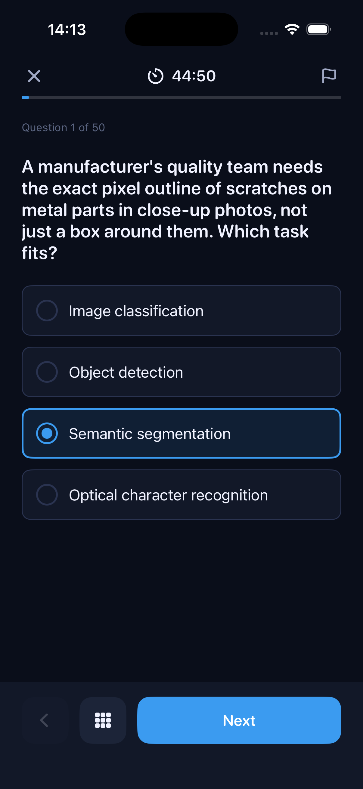 Timed AI-901 practice exam with a 45-minute countdown