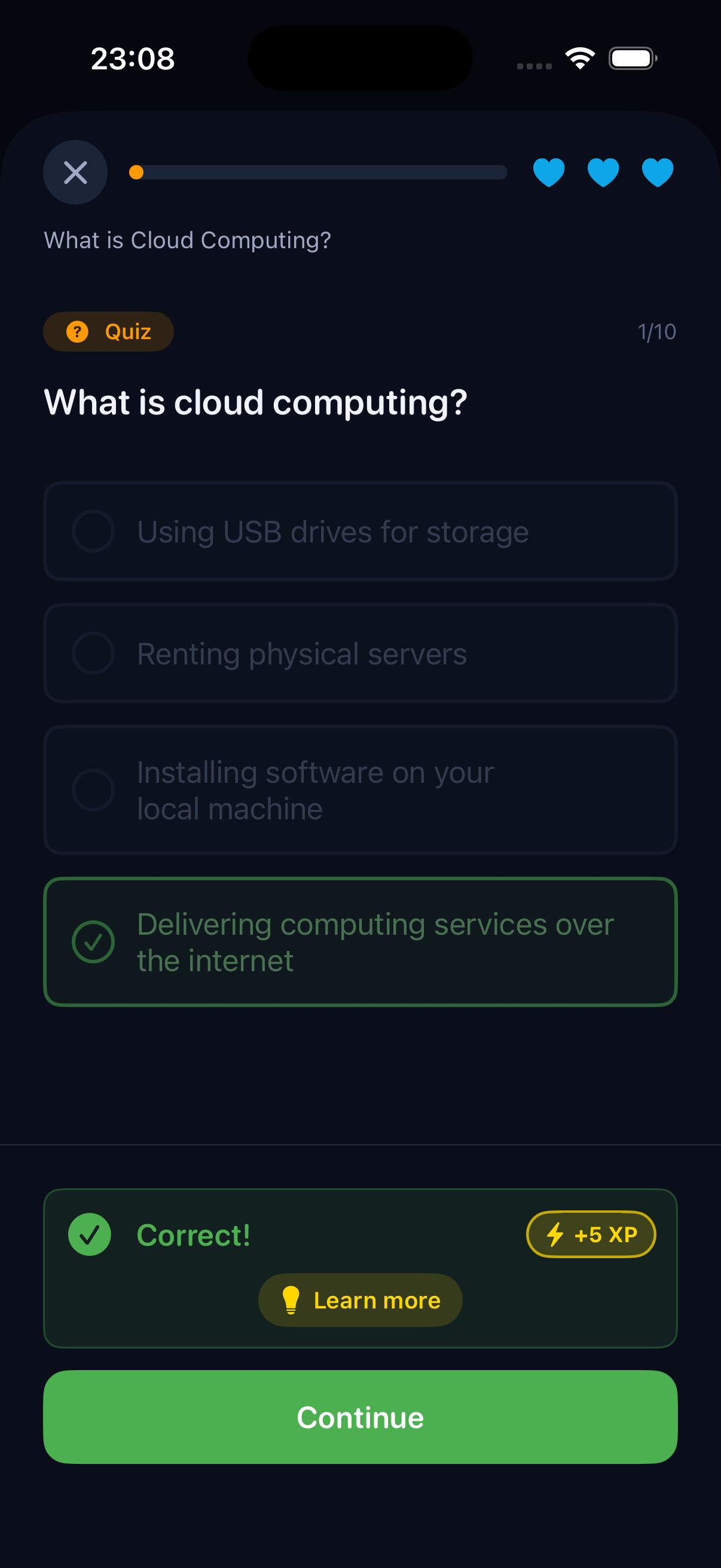 Quiz with Learn More explanation
